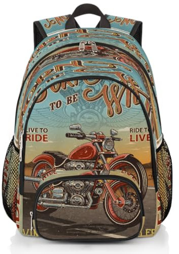 Vintage Motorrad-Posterrucksack, großes Fassungsvermögen, Schulrucksack, Motorrad-Rucksack, Wandern, Reisen, lässiger Laptop-Tagesrucksack für Kinder, Jungen, Mädchen, Männer, Frauen, farbig, XXL
