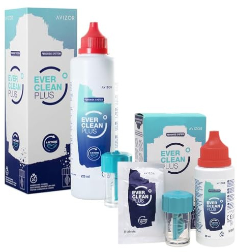 Avizor EVER Clean PLUS - Solution de Nettoyage et Désinfection pour Lentilles de Contact - Pack Bouteille 225ml + 30 comprimés et Bouteille 60ml + 8 Comprimés - Kit de Voyage