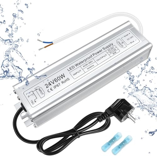 inShareplus LED Trafo 24V 2.5A 60W IP67 Wasserdichter Outdoor-Treiber, AC 90-265V zu DC 24 Volt Niederspannungs-Transformator, 24V Netzteil für LED-Licht, Computerprojekt, Außeneinsatz