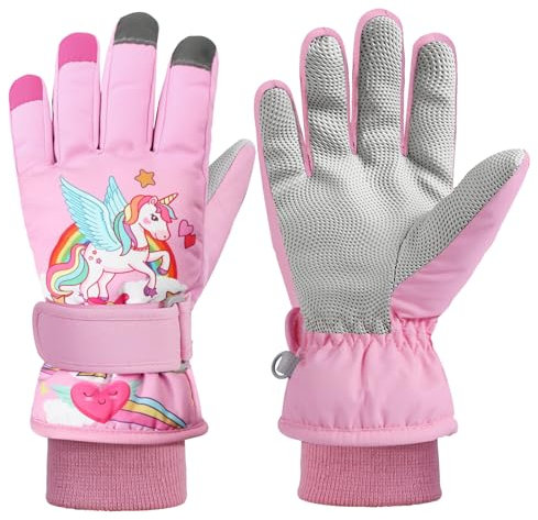 QKURT Kinder Ski Handschuhe, Mädchen Dicke Winter warme Handschuhes rosa Winddicht Schnee Fäustlinge Kinder kaltes Wetter Handschuhe Rodeln Snowboard Handschuhes