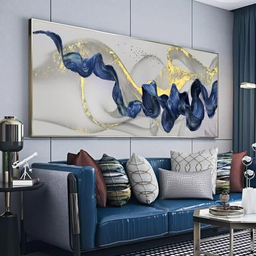 NXMYDBD Nordisches goldenes Leinwandgemälde mit blauem Band, abstrakte Poster und Drucke, Wandkunst, Bilder für die Dekoration des Wohnzimmers, 70 x 140 cm, ungerahmt