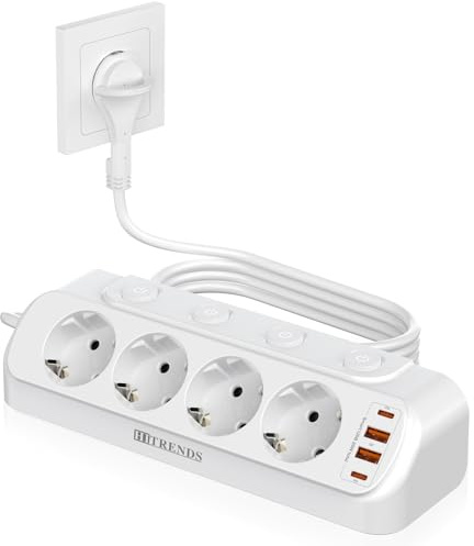 Tischsteckdose mit USB C（PD20W）, 4 Fach Ecksteckdose Flachstecker, 8 in 1 Steckdosenleiste mit 4 USB Mehrfachstecker, 4-Fach Schaltbar, Steckdosenleiste, Weiß