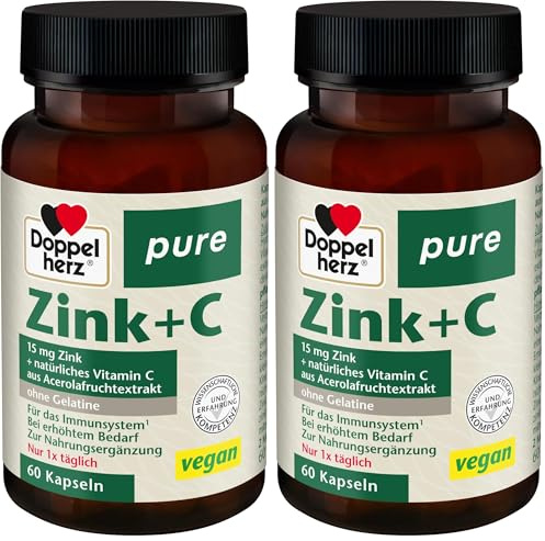 Doppelherz pure Zink + C – Vitamin C und Zink leisten einen Beitrag für die normale Funktion des Immunsystems – 60 vegane Kapseln (Packung mit 2)