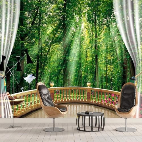 XLMING Rideaux De Balcon Vert Forêt Soleil 3D Papier Peint Décoratif Bureau Salle à Manger Salon Chambre Coucher Canapé TV Mur-200cm×140cm