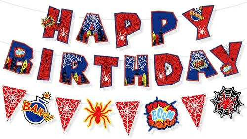 Tinoaly Spider-Themed Birthday Party Decorations Set, Includes Happy Birthday Banner & Spiderweb Pennant Flag Sign Garland for Kids Backdrop Party Supplies for Boys Girls Baby Shower Decor