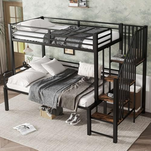 PUGSDRLY Lit Superposé Enfant 90x200cm/120x200cm avec Barrière de Sécurité,Lit Superposés 2 Places avec Escalier,Cadre en Fer pour Enfant et Adolescent,Noir