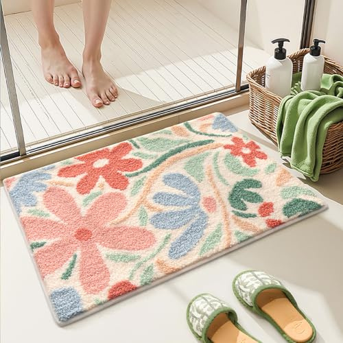 Loismood Florale Badematte, super saugfähig, rutschfest, maschinenwaschbar, gemütlicher Teppich für Dusche, Wohnzimmer und Balkon, 60 x 40 cm, Rosa Blumenstrauch
