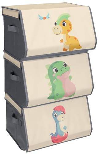 Navaris Porta Giochi Bambini Contenitori - Set di 3 Scatole Portagiochi Bambini Contenitori - Scatola Porta Giochi - Box Contenitore Giocattoli - Impilabili e Capienti - Design con Dinosauri