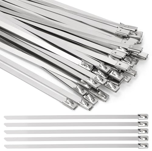 Keadic 100Pcs Metal Zip Ties, 304 Stainless Steel Cable Ties Assorted Kit, Heavy Duty Zip Ties, Multi-Purpose Cable Ties for Exhaust Wrap, Chain Link Fence Parts, Machinery, Cables, Farms(300 MM)