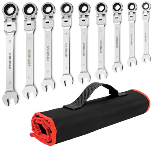 HYCHIKA Ratchet Spanner Set 9pcs, Flexible Combination Wrench 6-19 mm, Flex-Head Spanner Sets, Combination Spanner in Roll Bag for Car Repairing, Industrial Maintenance