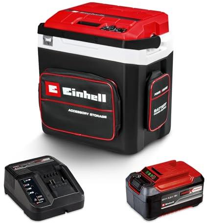Einhell Akku-Kühlbox TE-COL 18/27 Li Power X-Change (18 V, 27 Liter, Kühlen und Warmhalten, Hybrid 12 V für Auto, 230 V Stromanschluss, inkl. Taschen, inkl. 5,2 Ah Akku & Ladegerät)