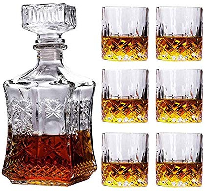 Genérico Juego De Decantador De Whisky, Juego De Vino De Vidrio Sin Plomo, Botella De Vino Cuadrada con Forma De Girasol, Vaso De Whisky De 200 Ml, Recipiente para Sake Frío Y Caliente