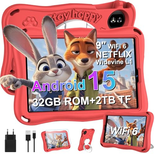 SUAAT Dernière Android 15 Tablette pour Enfants, Kinder Tablet 9 Pouces, 12+32 Go (2 to TF), WiFi 5G, iWAWA, Widevine L1, GMS, 5+8 MP, IA,OTG, Cast, 5000 mAh, contrôle Parental, avec étui Eva – Rouge