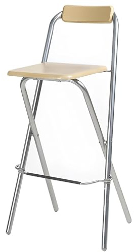 Generico Sgabello da Cucina Pieghevole 60cm for Adulti con Schienale e Poggiapiedi, Seduta Regolabile in Legno, Struttura Argento