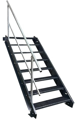 SRM Design 8 Stufen Stahltreppe Wangentreppe Geschosstreppe Industrietreppe für Innen- und Außenbereich feuerverzinkt komplett anthrazit Stufenbreite 70 cm Geschosshöhe 120-160 cm 1x Geländer