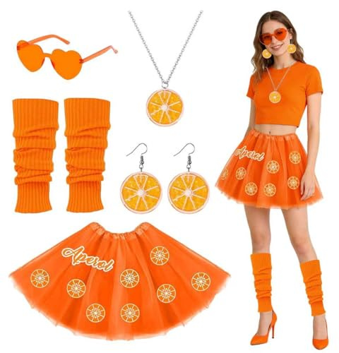 CUVZORA Aperol Costume da donna gonna in tulle, arancione con orecchini, collana da sole e scaldamuscoli, ideale per carnevale, Halloween, costume da vampiro, costume da scheletro per bambini e
