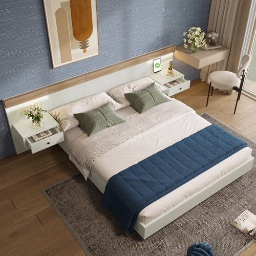 BXEYXE Doppelbett Bettanlage mit 2 LED Nachtkommoden& USB C Steckdose 180 x 200 cm Holzbett inkl. 2 Nachttischen Schlafzimmer Komplett-205x284x90.5 cm(T/B/H) Set in Eiche Sonoma/Weiß(Ohne Matratze)