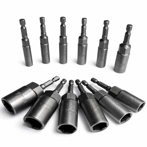 12 Pcs Deep Hexagon Nut Driver Socket Set 6–19mm, 1/4″ Hex Shank Long Reach Nut Setter Drill Bits for Impact Driver & Power Tools, Bolt Extractor Socket Set Quick Change