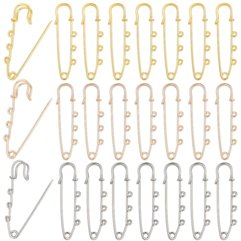 SUNNYCLUE 1 Schachtel 30 Stück Sicherheitsnadel Broschen Mit Ösen Große Kiltnadeln 3 Löcher 55mm Metall Silber/Gold Verschluss Krawattennadeln Zubehör Für Schmuckherstellung DIY Näharbeiten Dekoratio