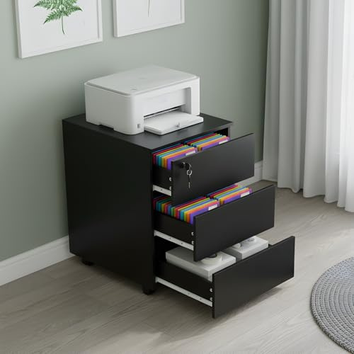 GOKHOMX Rollcontainer mit 3 Schubladen, Rollcontainer abschließbar, mobiler Aktenschrank klein, Büroschrank Schubladenschrank, Schreibtisch Unterschrank für Büro Homeoffice, Schwarz, 39x45x54 cm