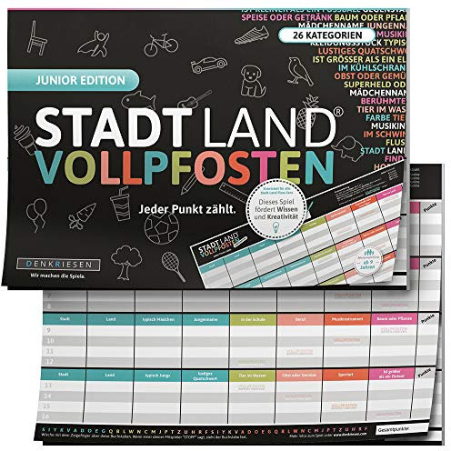 Stadt Land VOLLPFOSTEN® - Junior Edition | Ab 9 Jahren | Familienspiel | Kinderspiel | Kreative Stadt Land Fluss Variante | Spaßige Kategorien für Kinder | DIN A4 Spielblock |