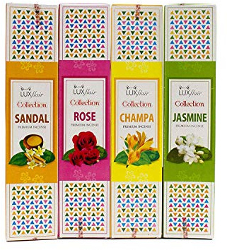Luxflair Räucherstäbchen Set 4 Collection, Indische Räucherstäbchen in 4 Premium Sorten Sandelholz, Rose, Champa und Jasmin, Toller Mix mit Langer Brenndauer von ca. 40min