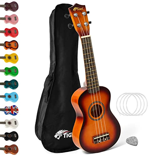TIGER UKE7 Ukulélé Soprano Comprenant Sac de Transport, Médiator en Feutre, Jeu de Cordes de Rechange, Doté de Cordes de la Marque Aquila, Jaune Soleil