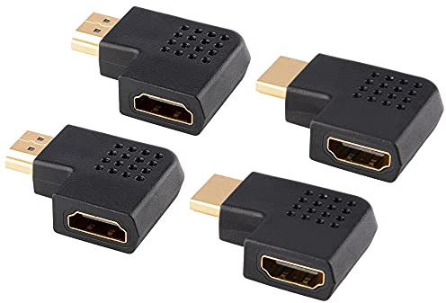 J&D Pack de 4 Flat HDMI Adaptador, Adaptador HDMI Plano Vertical Macho y Hembra Chapado en Oro en ángulo Izquierdo y Derecho de 90 Grados