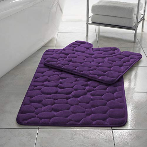 HOMES-LINEN Stone Pebbles Bath Mat Set Non Slip Pedestal Set Extra Absorbent 100% Memory Foam Bathroom Toilet Mat Rug Set (Plum)