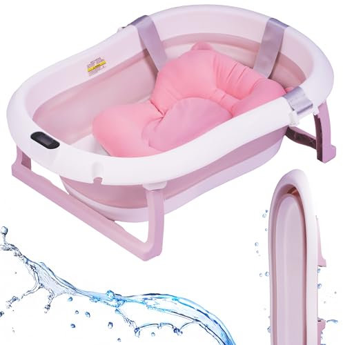 LinaSmile Vikbart babybadkar stabilt med termometer och sittdyna, vikbar badmatta, utrymmesbesparande (rosa)