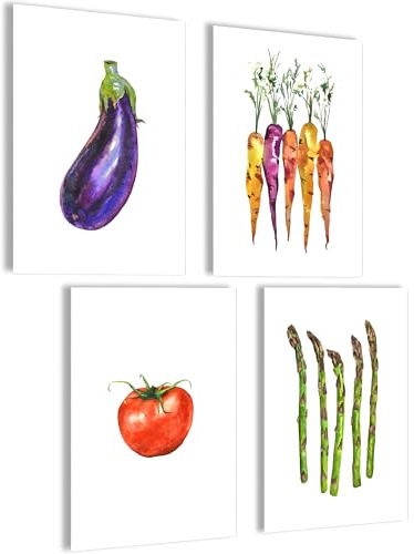 Küchenbilder Deko Wandbilder Gemüse Poster Set | Kräuter Bilder Collage Wanddeko | Küchendeko Küchenposter Wandcollage Wand Deko | 4x A4 ohne Bilderrahmen Set Karotte Tomate Aubergine Spargel K6