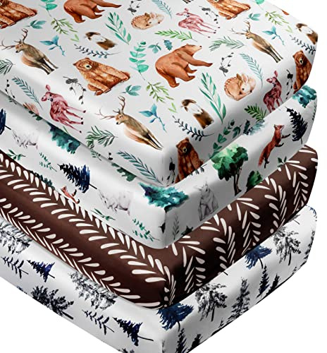 4 Pack Woodland Forest Animals Wood Neutral Unisex Fitted Baby Crib Sheets Set for Baby Boys or Girls