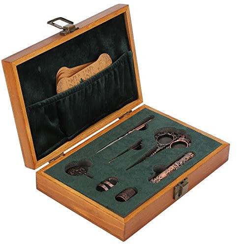OREQ 7 teiliges Stickscheren Set, Europäisches Vintage Edelstahl Nähwerkzeug mit Fingerhut, Schere, Fadenschneider, Nadeln und Holzkiste, Zum Basteln, Nähen, Handarbeiten(Bronze)