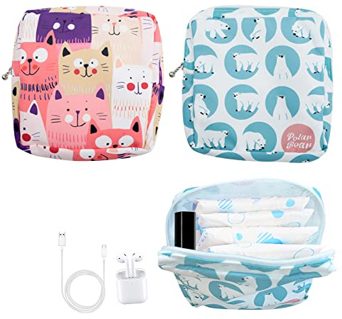 2 Pack Sanitary Napkin Towels Storage Bag Portable Pantyliners Bag with Zipper Makeup Bag with Zipper for Women Girls Ladies(Pattern 4)