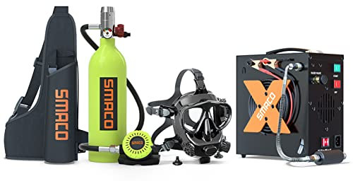 Kit de Bouteille de Plongée SMACO Mini Scuba 1L Avec Masque de Plongée Offrant 15 Minutes de Respiration, Cylindre de Plongée pour la Plongée en Eaux peu Profondes Pas Plus de 33 ft, Ensemble D (Vert)