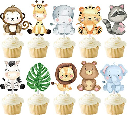 24pcs Jungle Animals Party Cupcake Toppers Decorations Jungle Safari Animal Theme Party Supplies for Zoo Wild Animal Birthday Baby Shower Supplies