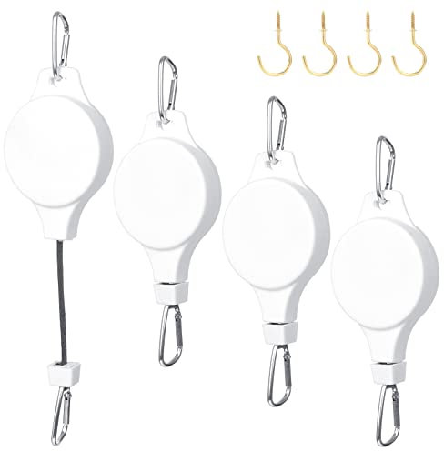Coolty 4 Stück Einziehbarer Haken für Pflanzen Ampelaufzug Blumenampel Flaschenzug Pflanzenlift Blumenkorb Haken für Hängende Pflanzenkörbe Vogelfutterhäuschen (Weiß)