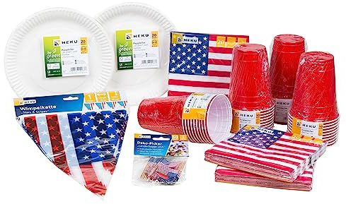 HEKU Set da 191 pezzi USA – Piatti di carta Ø 23 cm, bicchieri rossi, tovaglioli a 3 strati, 33 x 33 cm, decorazione per feste a tema e feste nazionali