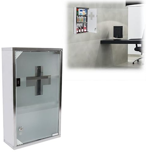 AufuN medicinskåp i rostfritt stål medicinskåp husapotek med glasdörr, 3 fack för hemmet, 30 x 12 x 50 cm