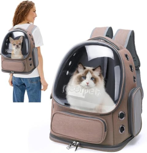 PETCUTE Zaino per Gatti e Cani,Zaino per Animali Domestici con Design a Bolle,Tappetino Rimovibile,Pieghevole e Portatile, per Animali Fino a 16lbs,per Viaggi,Escursioni e Cliniche Veterinarie,Cachi