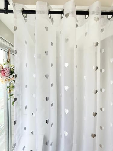 Devola Gardine mit Glanzdruck Transparent Vorhänge Voile Gardinenschal Wohnzimmer Gardinen Sterne Kinderzimmer Schiebevorhänge Modern HxB 225x140cm Herzmuster mit ösen 1 Stück