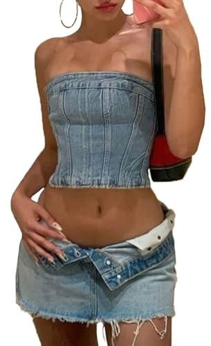cffvdiz Mujer Y2K Denim Crop Tops Sexy Off Shoulder Zipper Corset Tube Tops Jeans Camisole Top,Azul,S