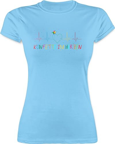Shirt Damen - Karneval & - Konfetti im Herzen Herzschlag Fasching I - XL - Hellblau - t-Shirt Herzen, Faschings Tshirt Karnevals EKG Tshirts t Faschings-t-Shirt fassenacht Herz Oberteil Weiss