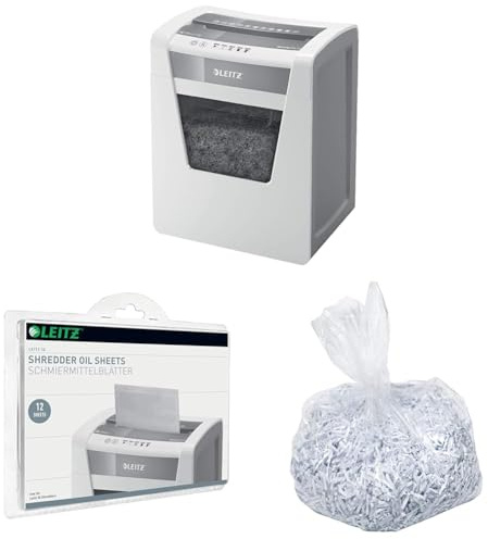 Leitz IQ Set Aktenvernichter Office Sicherheitsstufe P5, Mikroschnitt, 11-10 Blatt Kapazität (70-80 g/m²), 23L Abfallbehälter, 80020000 + IQ Ölblätter 80070000 + IQ Poly-Auffangbeutel 80080000