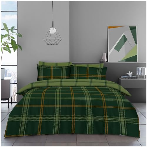 GC GAVENO CAVAILIA Tartan Check Double Bedding Set - 4 Piece - Reversible Checkered Plaid Duvet Cover, Fitted Sheet and Pillowcases - Breathable Easy Care Polycotton Complete Bed Set, Green