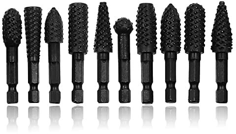 Wood Working Tools Cutting Carving Tools 10pcs Rotary Burr Wood Rasp Files Set for Woodworking with 1/4 Inch Hex Shank Wood Power Tools for Engraving Grinding Polishing