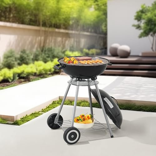 casa.pro Kugelgrill Apricena Holzkohlegrill Rundgrill BBQ Grillwagen Grillrost aus emailliertem Edelstahl Gartengrill 2 Räder abnehmbarer Deckel 80 x 49 x 47 cm Schwarz