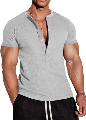 Muscle Cmdr Henley Waffle herrskjortor, Henley kortärmad t-shirt med lång knapp tunisisk krage smal passform för män, Z-grå, M