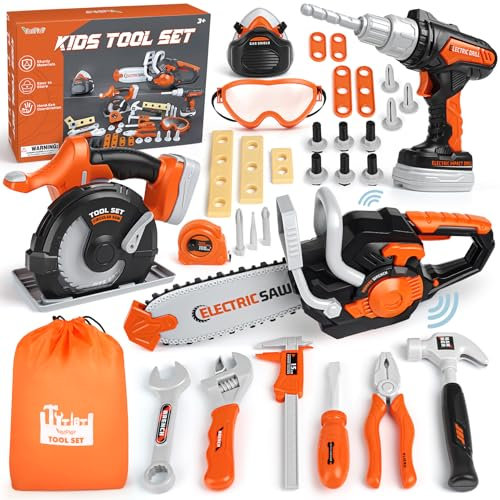 Vanplay Boîte à Outils Jouet pour Enfant 3-6 Ans avec Tronçonneuse, Perceuse Électrique, Scie Circulaire - Cadeau Jeux 3 4 5 6 Ans