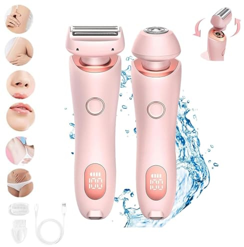 2 in 1 Elektrischer Rasierer für Frauenbeine Achselhöhlen Gesichtshaarentfernung, Nass und trocken, USB Wiederaufladbare Bikini Trimmer Epilierer, Abnehmbare Köpfe, Schmerzlos IPX7 Wasserdicht Rating